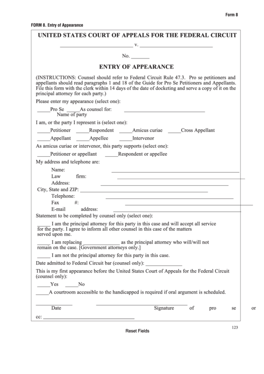 Fillable Form 8 - Entry Of Appearance Printable pdf