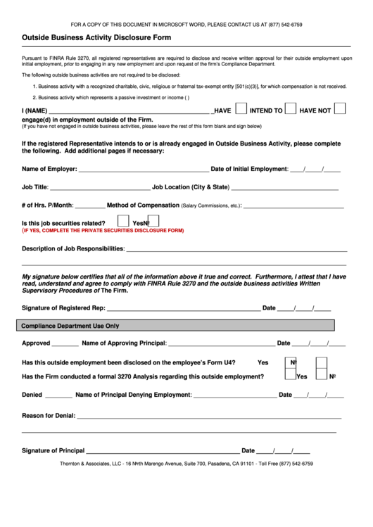 Outside Business Activity Disclosure Form Printable pdf