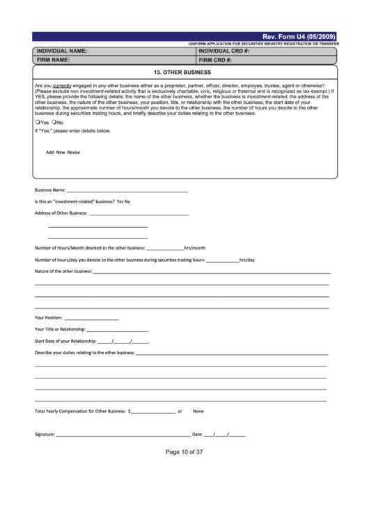 Fillable Uniform Application For Securities Industry Registration Or Transfer Printable pdf
