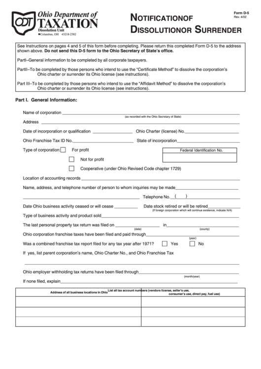Notification Of Dissolution Or Surrender Form D5 Printable pdf