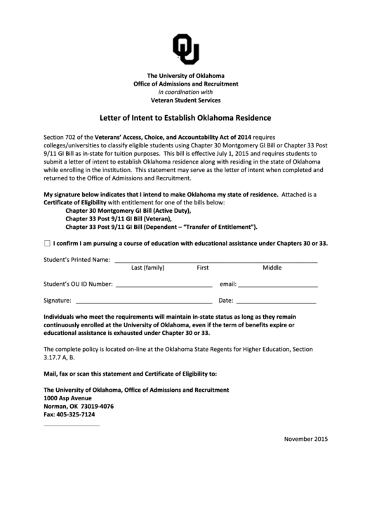 Letter Of Intent To Establish Oklahoma Residence Printable pdf
