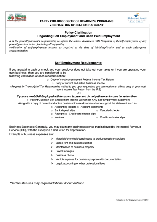 Self- Employment Verification Form Printable pdf