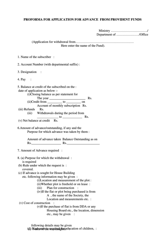 Proforma For Application For Advance From Provident Funds Printable pdf