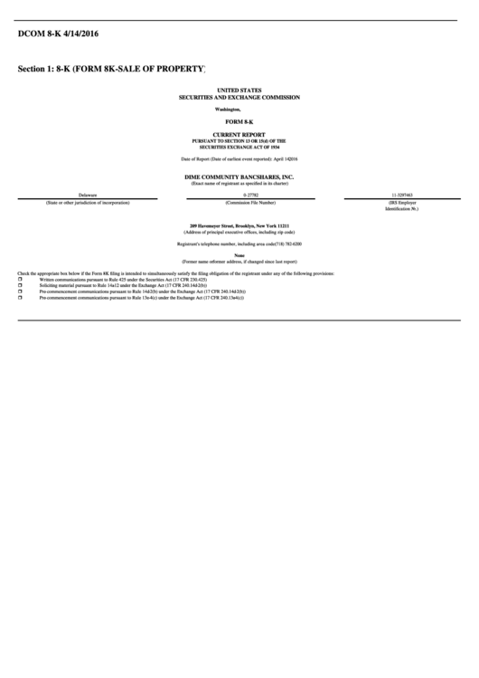 Sec Form 8k Sale Of Property Printable pdf