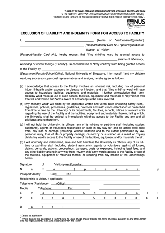Exclusion Of Liability And Indemnity Form For Access To Facility Printable pdf