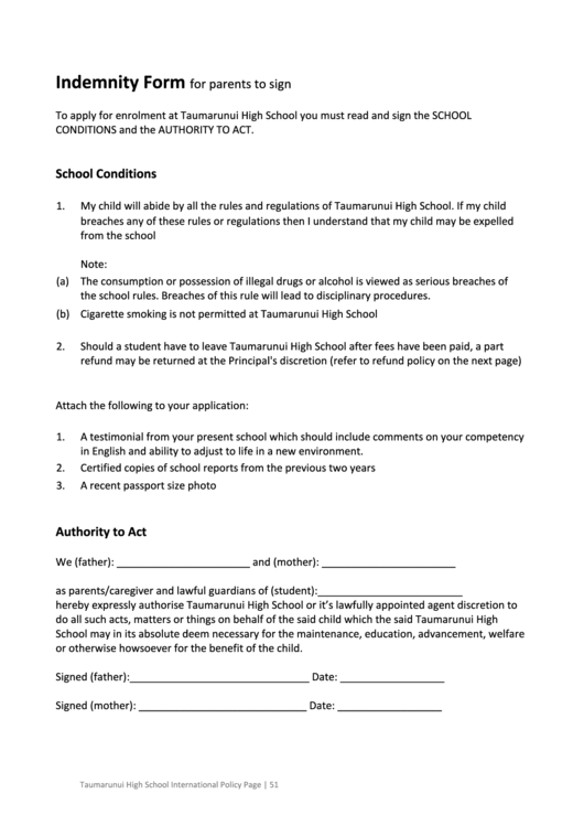Indemnity Form For Parents To Sign Printable pdf