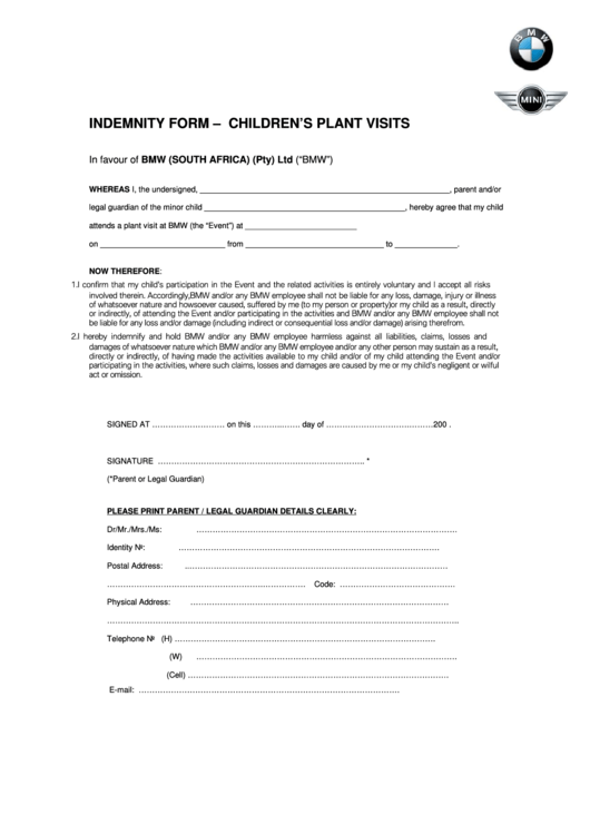 Bmw South Africa Indemnity Form Printable pdf