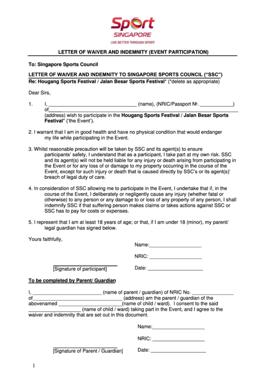 Letter Of Waiver And Indemnity To Singapore Sports Council Printable pdf