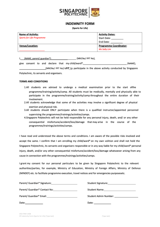Indemnity Form (Sports For Life) Printable pdf