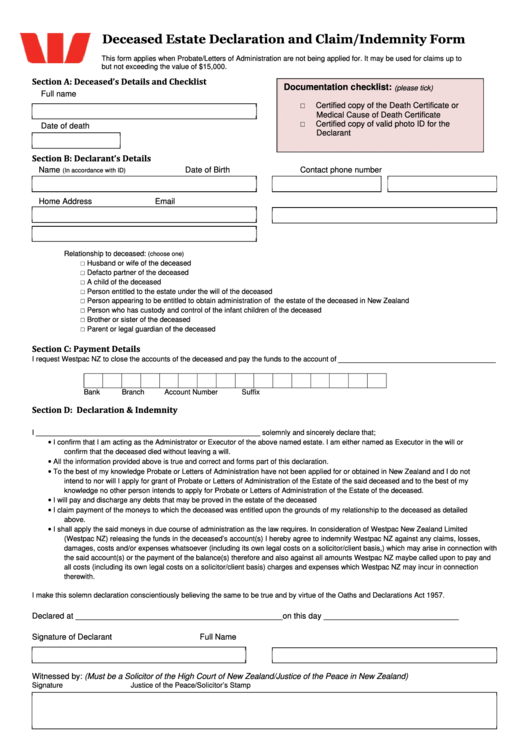 Deceased Estate Declaration And Claim Printable pdf