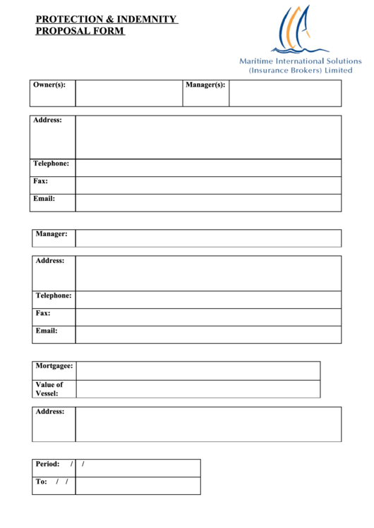 Protection Indemnity Proposal Form Printable pdf