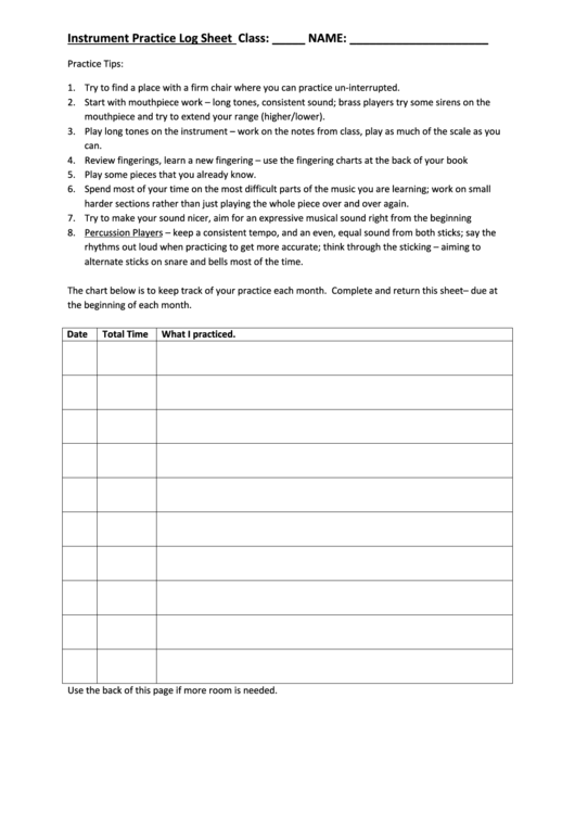 Instrument Practice Log Sheet Printable pdf