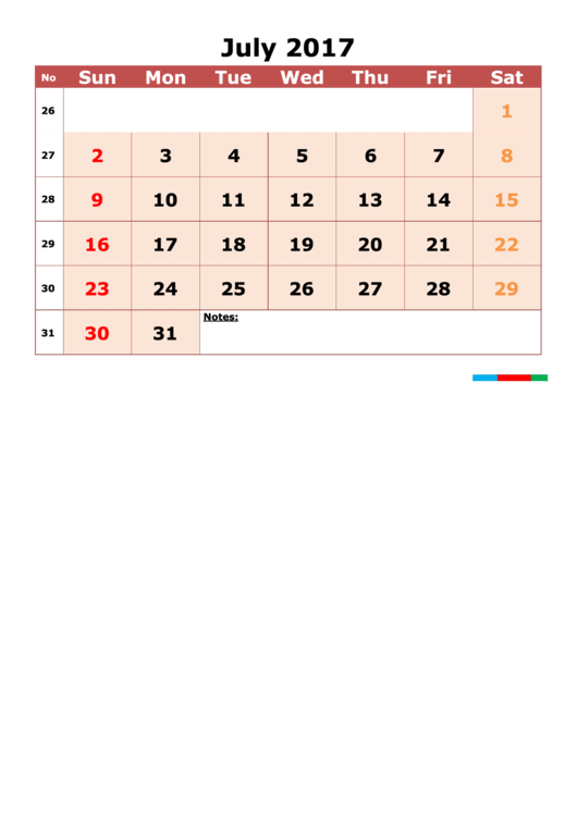July 2017 Calendar Template Printable pdf