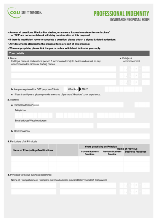 Fillable Professional Indemnity Printable pdf