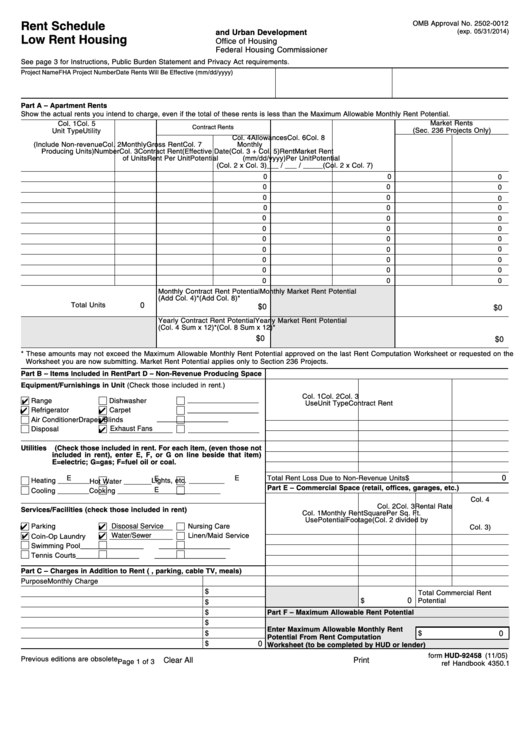 Fillable Form Hud-92458 - Rent Schedule Low Rent Housing - 2014 Printable pdf