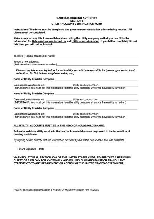 Utility Account Certification Form Printable pdf