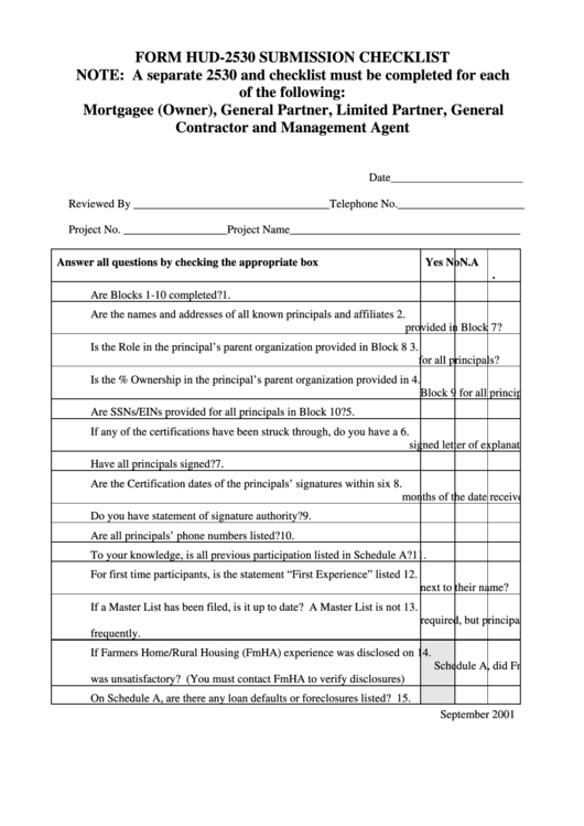 Form Hud2530 Submission Checklist Printable pdf