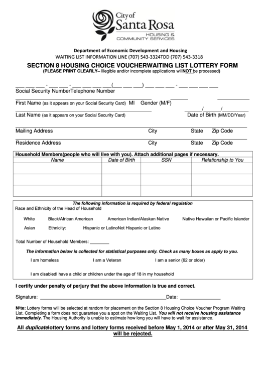 Section 8 Housing Choice Voucher Waiting List Lottery Form