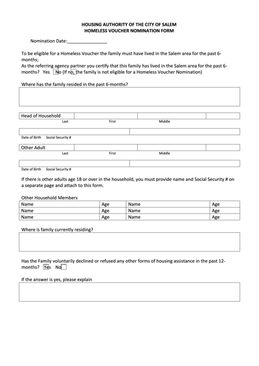 Fillable Homeless Voucher Nomination Form Printable pdf