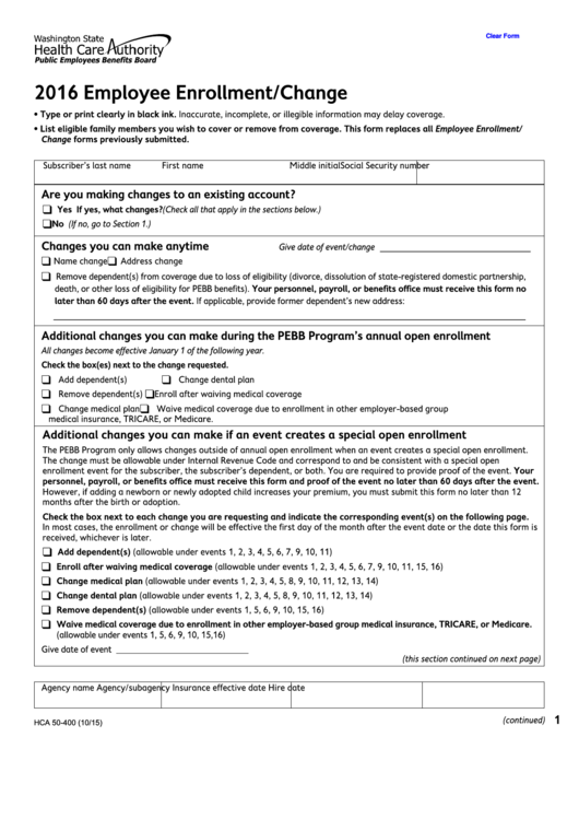 Fillable Hca Pebb - Employee Enrollment Change Form - 2016 Printable pdf