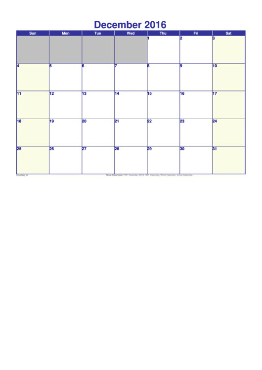 December - 2016 Calendar Template Printable pdf