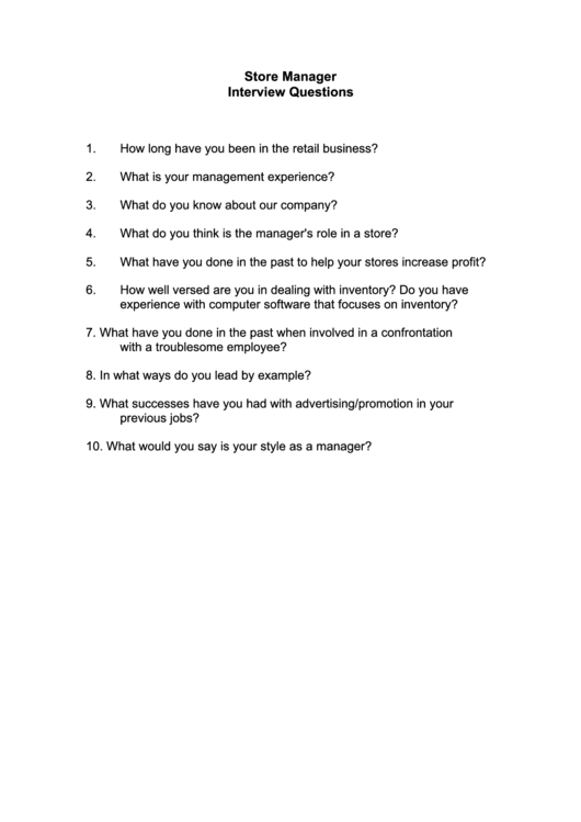Store Manager Interview Questions Printable pdf