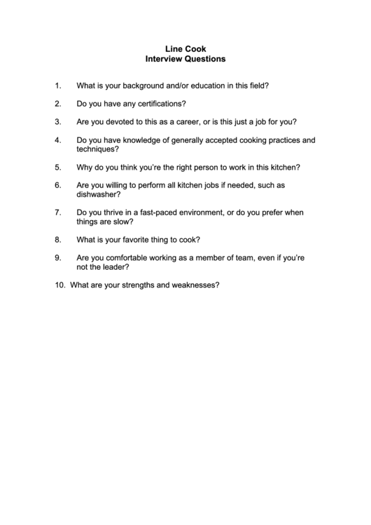 Line Cook Interview Questions Printable pdf