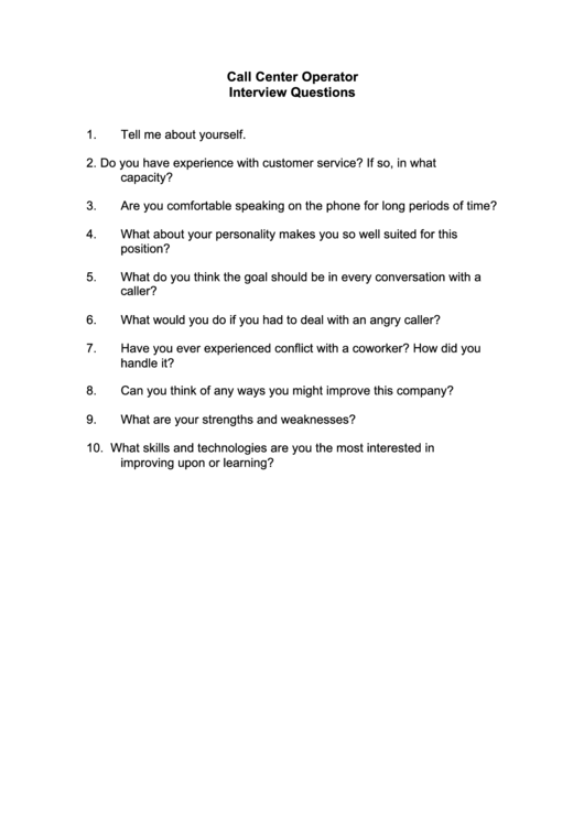 Call Center Interview Questions Template Printable pdf