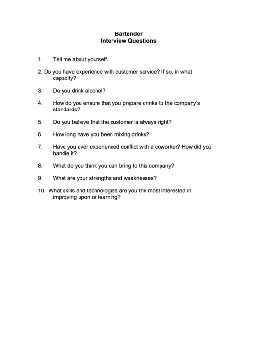 Bartender Interview Questions Template Printable pdf
