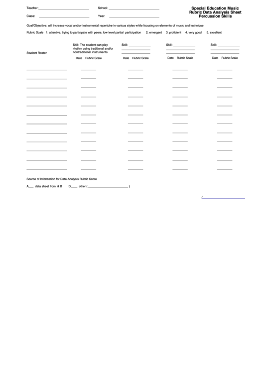 Special Education Music Rubric Data Analysis Sheet - Percussion Skills Printable pdf