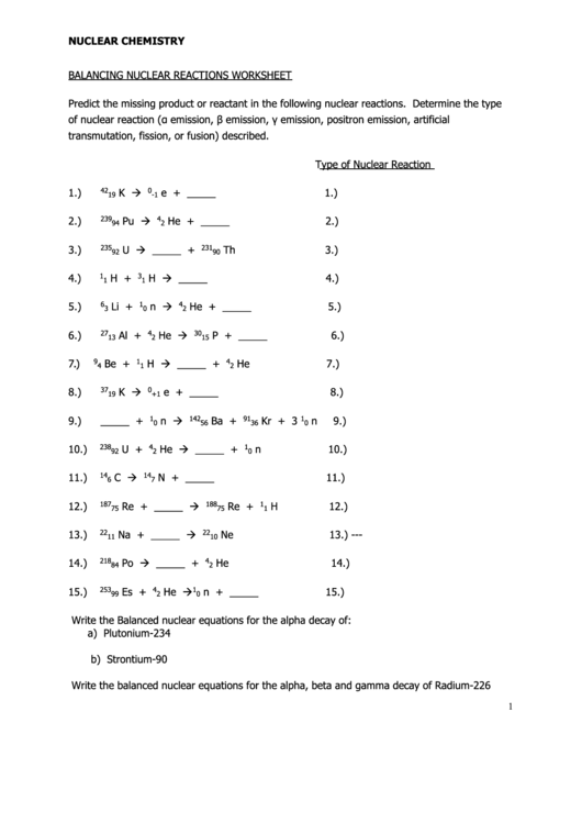 Balancing Nuclear Equations Worksheet