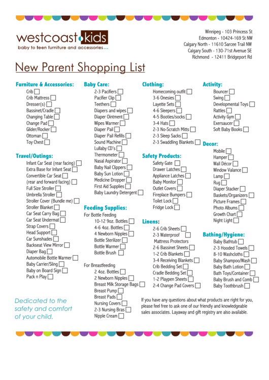 New Parent Shopping List Printable pdf