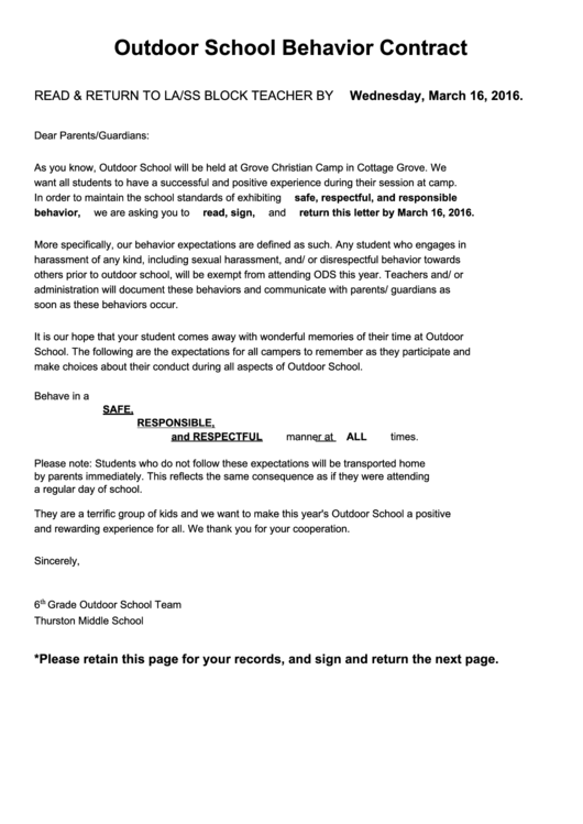 Outdoor School Behavior Contract Printable pdf