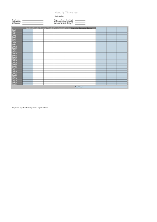 Regular Work Monthly Timesheet Template Printable pdf