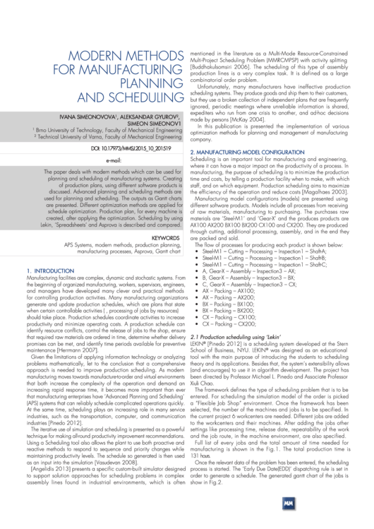 Modern Methods For Manufacturing Planning And Scheduling