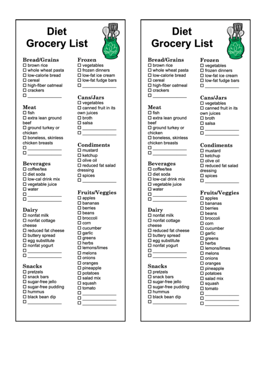 Diet Grocery List Printable pdf