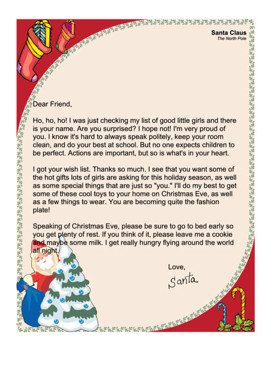 Santa Letter Template For A Girl Printable pdf