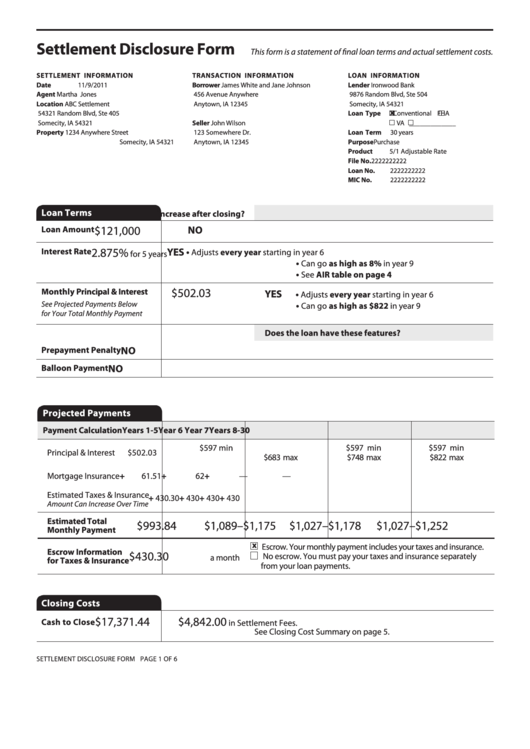 Settlement Disclosure Form Printable pdf