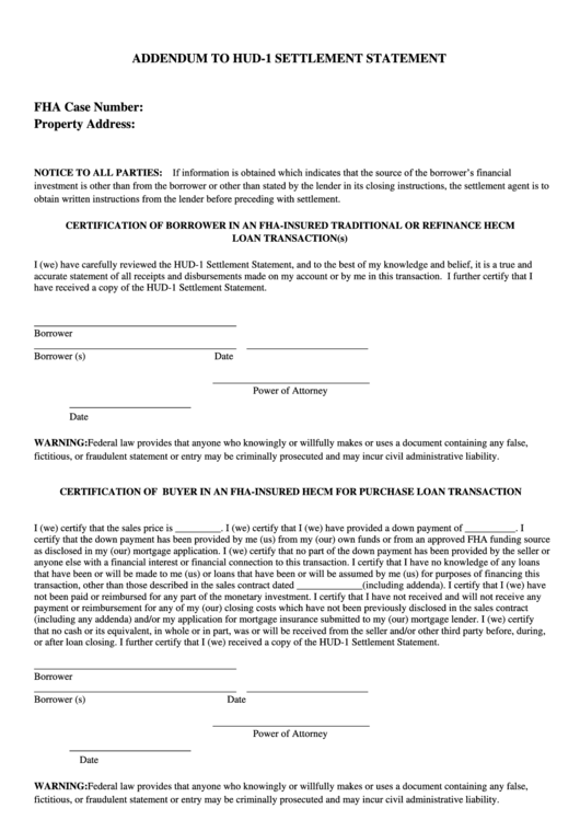 Addendum To Hud 1 Settlement Statement printable pdf download