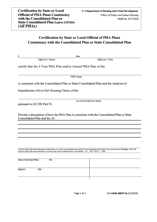 Certification By State Or Local Official Of Pha Plans Hud 50077sl Printable pdf