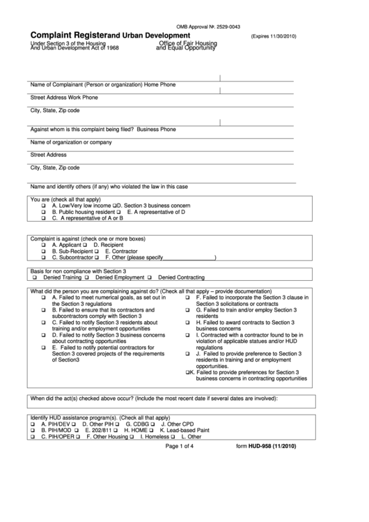 Complaint Register Hud 958 Printable pdf