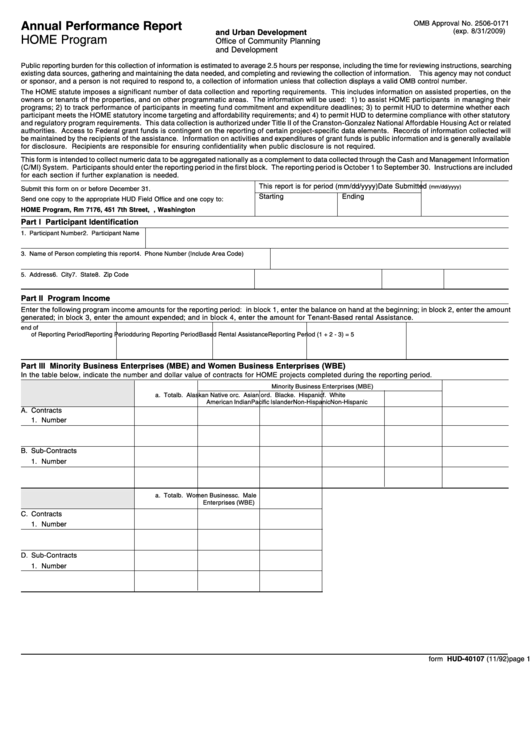 Fillable Form Hud-40107 - Annual Performance Report - U.s. Department Of Housing And Urban Development Printable pdf