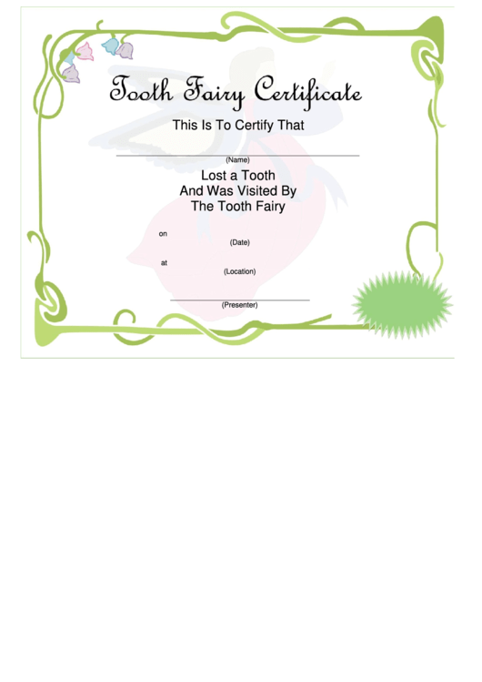 Tooth Fairy Certificate Template - Lost Tooth