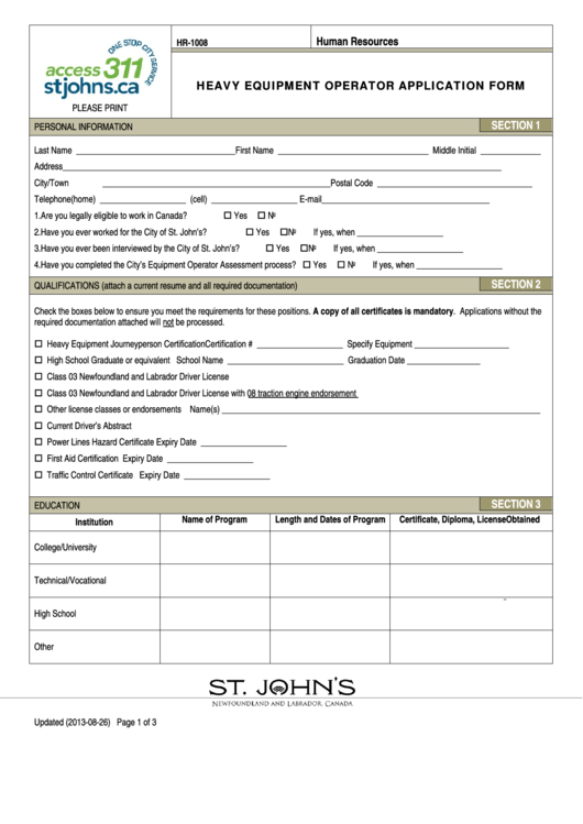 Fillable Heavy Equipment Operator Application Form printable pdf download