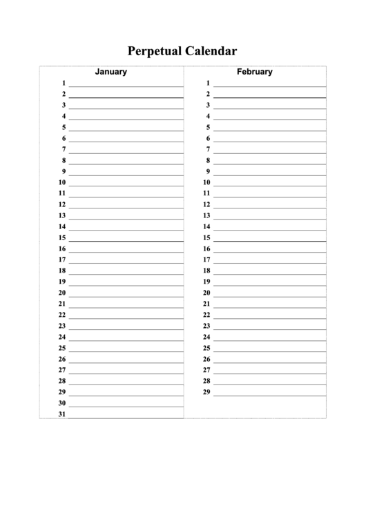 Perpetual Calendar Chart Template Printable pdf