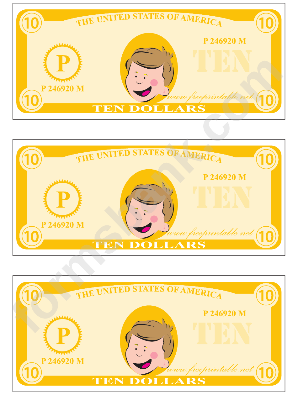 Ten Play-Dollars Template - Yellow