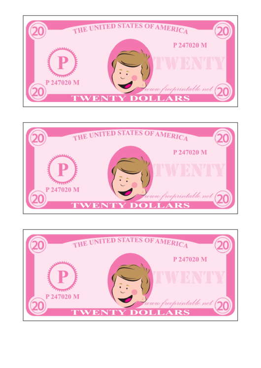 Twenty Play-Dollars Template - Pink Printable pdf