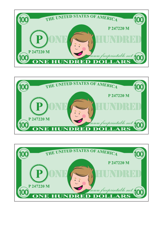 One Hundred Play Dollar Template - Green Printable pdf