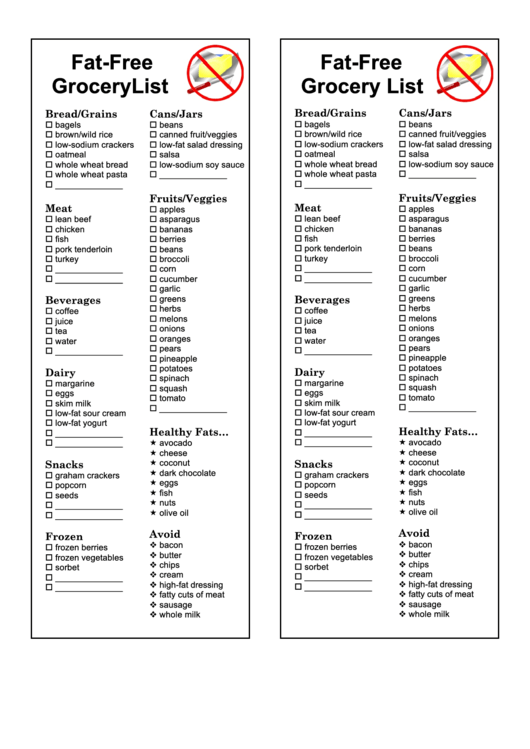 Fat-Free Grocery List Template Printable pdf