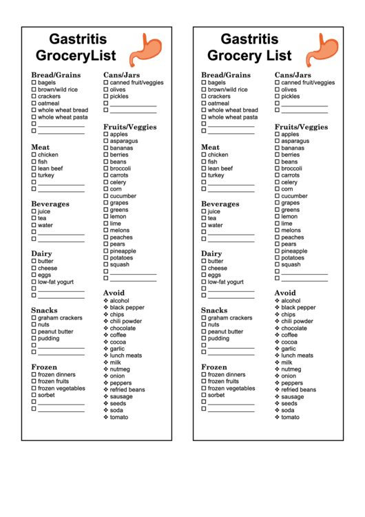 gastritis grocery list template printable pdf download